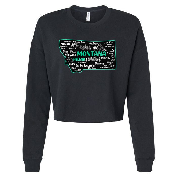 Cute map of Montana Helena Missoula Billings Kalispell Cropped Pullover Crew