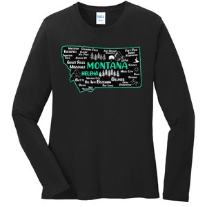 Cute map of Montana Helena Missoula Billings Kalispell Ladies Long Sleeve Shirt