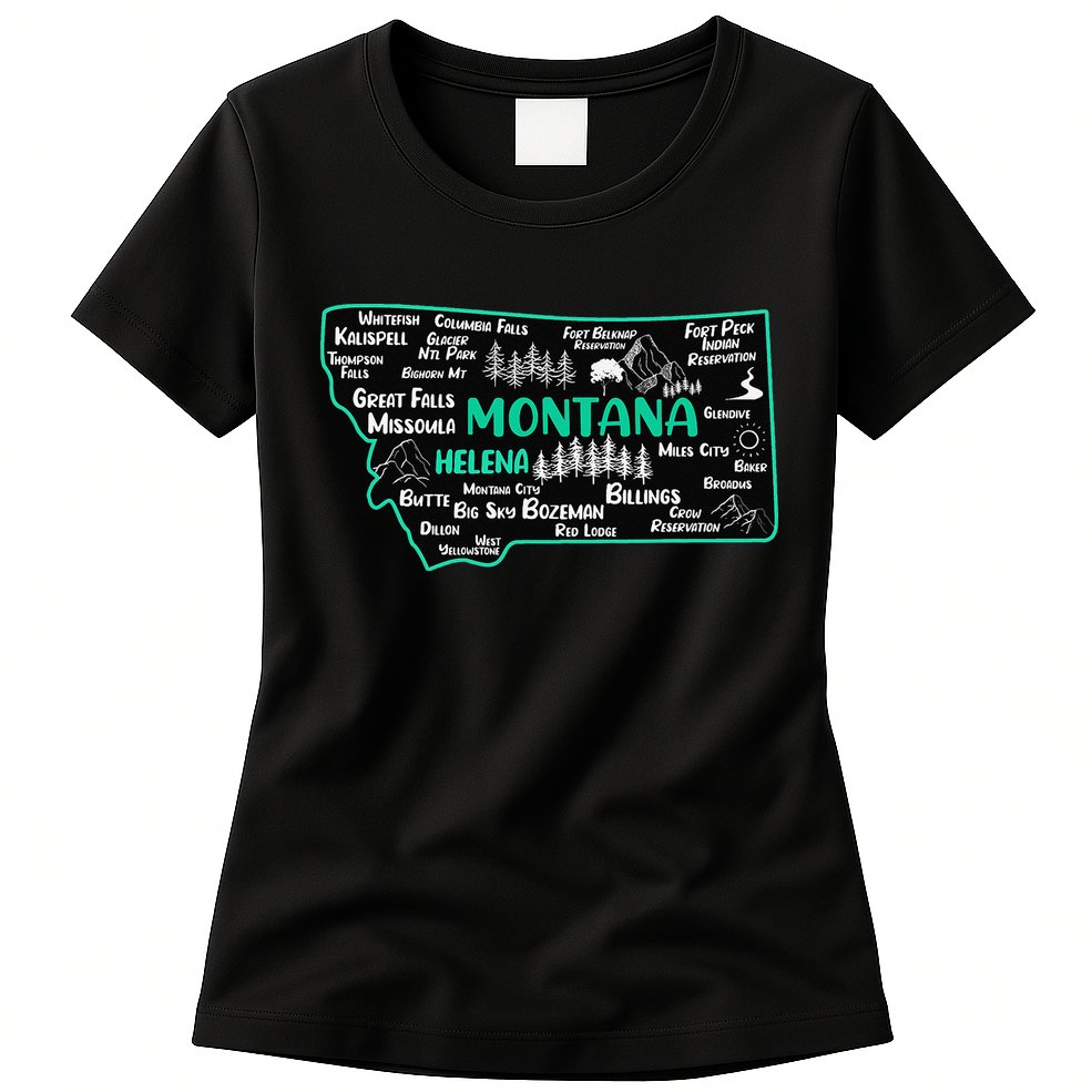 Cute map of Montana Helena Missoula Billings Kalispell Womens T-Shirt