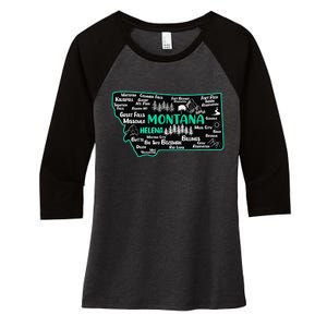 Cute map of Montana Helena Missoula Billings Kalispell Women's Tri-Blend 3/4-Sleeve Raglan Shirt