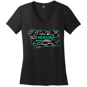 Cute map of Montana Helena Missoula Billings Kalispell Women's V-Neck T-Shirt