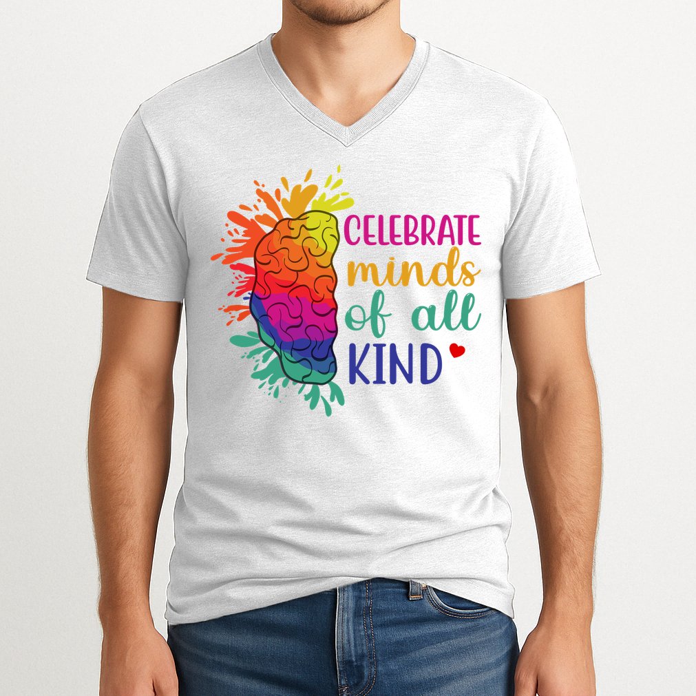 Celebrate Minds Of All Kind Neurodiversity Brain V-Neck T-Shirt