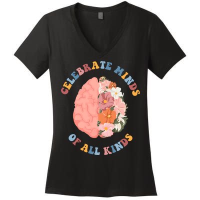 Celebrate Minds Of All Kinds Floral Brain Women's V-Neck T-Shirt