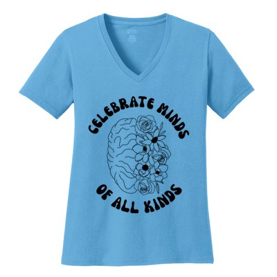 Celebrate Minds Of All Kinds Floral Brain Women's V-Neck T-Shirt