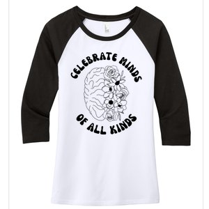 Celebrate Minds Of All Kinds Floral Brain Women's Tri-Blend 3/4-Sleeve Raglan Shirt