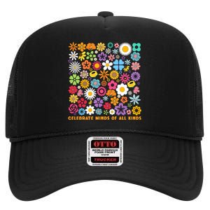 Celebrate Minds Of All Kinds Flowers Neurodiversity Autism High Crown Mesh Back Trucker Hat