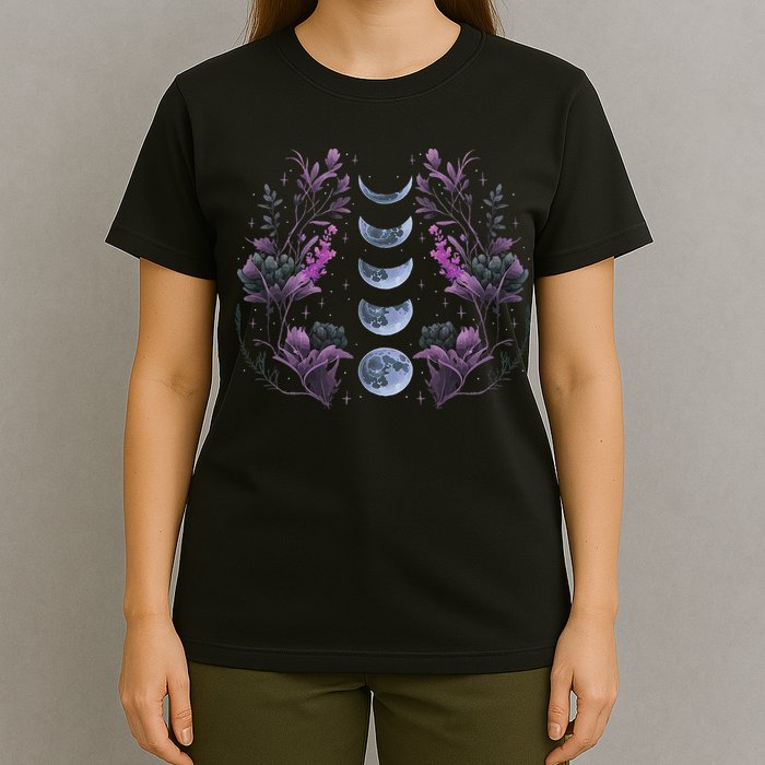 Celestial Moon Phase Boho Wildflowers Zodiac Witchcore T-Shirt