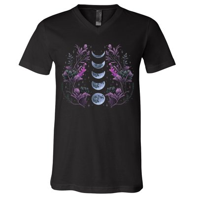 Celestial Moon Phase Boho Wildflowers Zodiac Witchcore V-Neck T-Shirt