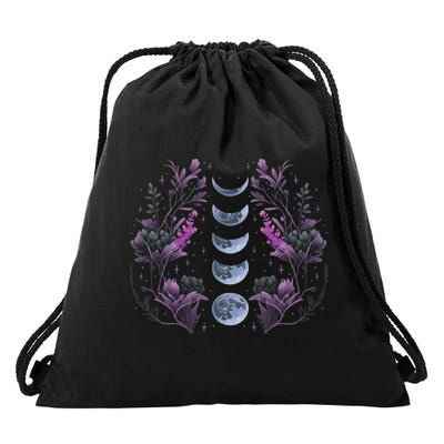 Celestial Moon Phase Boho Wildflowers Zodiac Witchcore Drawstring Bag