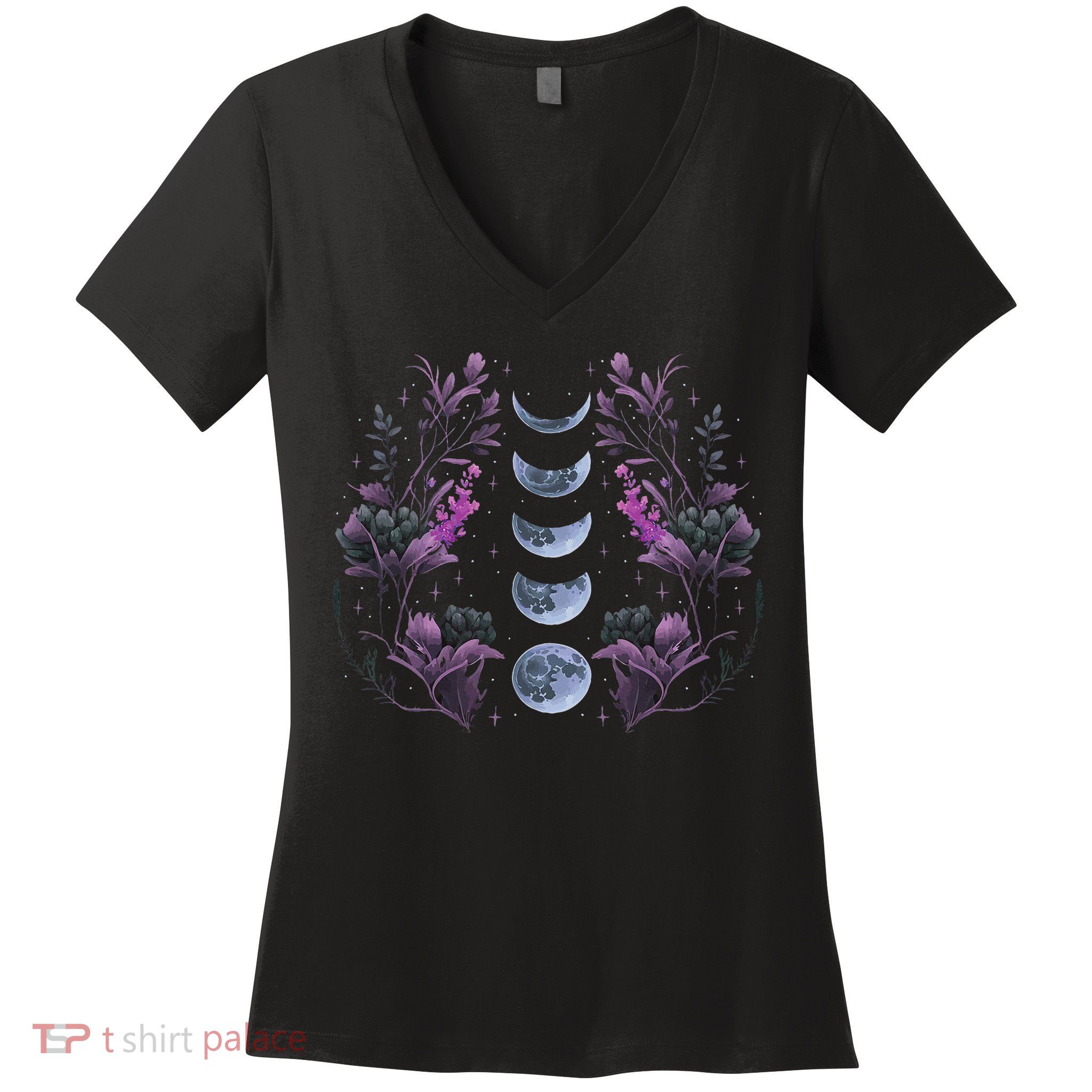 Celestial Moon Phase Boho Wildflowers Zodiac Witchcore Women's V-Neck T-Shirt