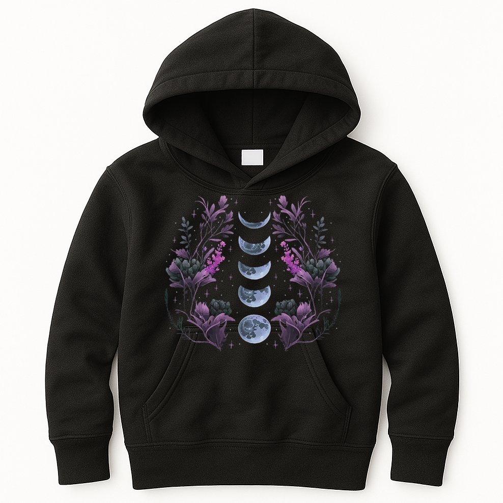 Celestial Moon Phase Boho Wildflowers Zodiac Witchcore Kids Hoodie