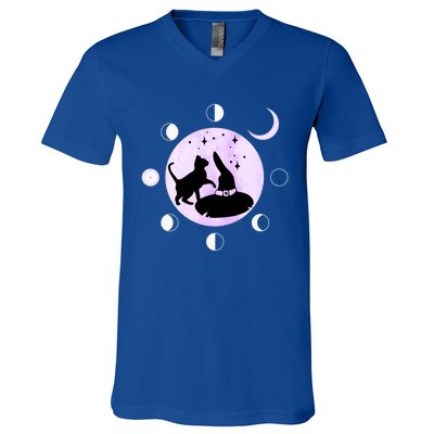 Cat Moon Phases Gift Black Cat Moon Funny Gift Witch Cute Gift V-Neck T-Shirt