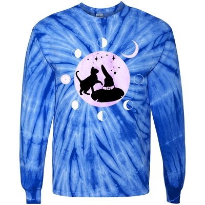 Cat Moon Phases Gift Black Cat Moon Funny Gift Witch Cute Gift Tie-Dye Long Sleeve Shirt