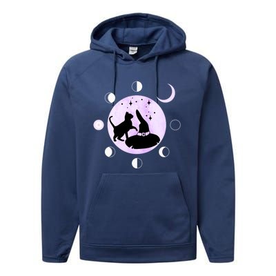 Cat Moon Phases Gift Black Cat Moon Funny Gift Witch Cute Gift Performance Fleece Hoodie