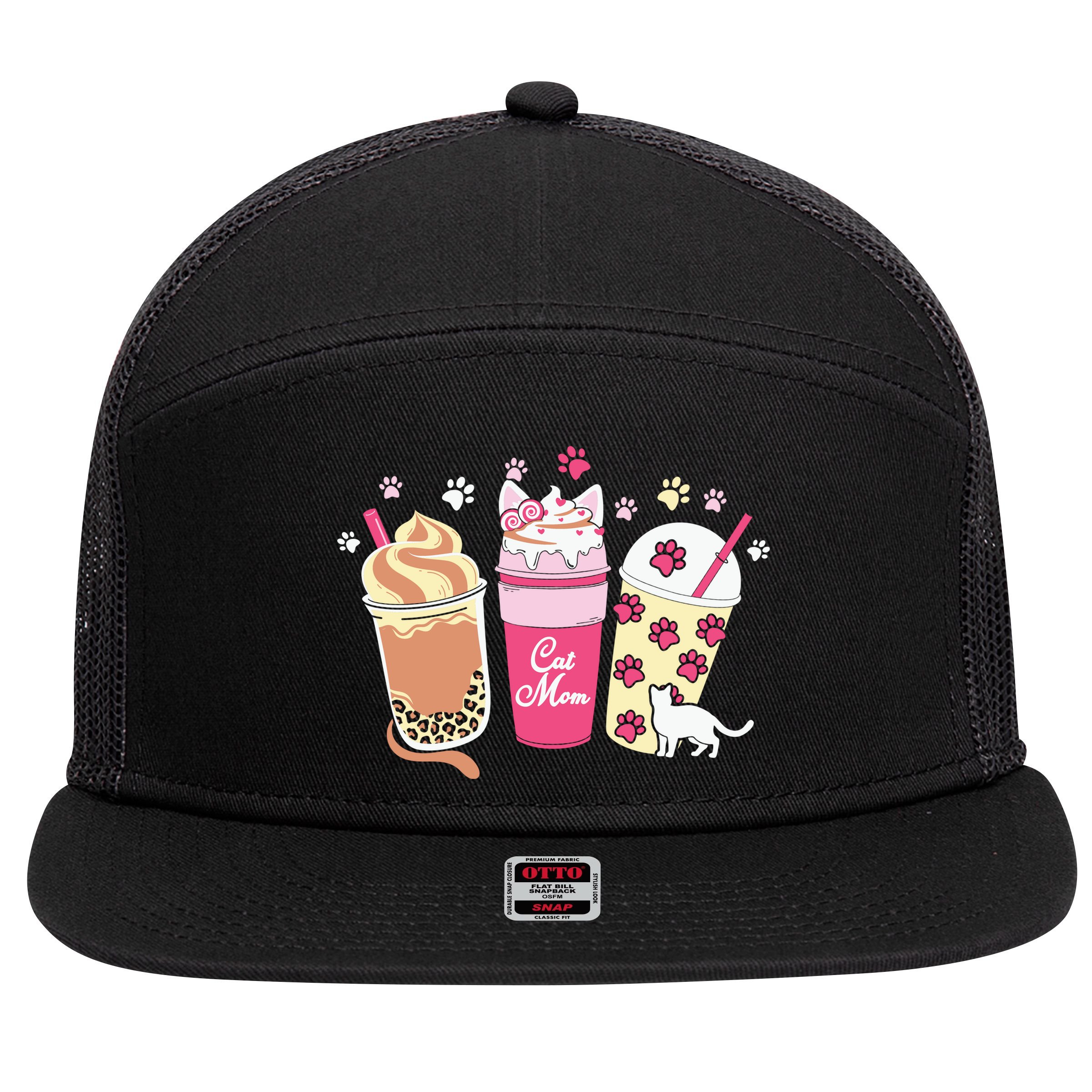 Cat Mom Paw Frappuccino Cute 7 Panel Mesh Trucker Snapback Hat
