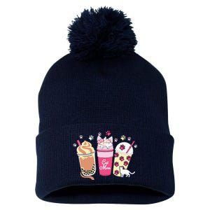 Cat Mom Paw Frappuccino Cute Pom Pom 12in Knit Beanie