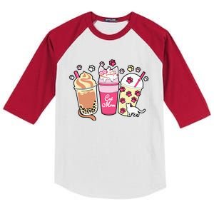 Cat Mom Paw Frappuccino Cute Kids Colorblock Raglan Jersey