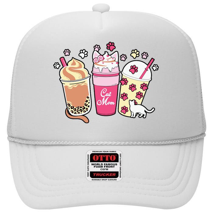 Cat Mom Paw Frappuccino Cute High Crown Mesh Back Trucker Hat