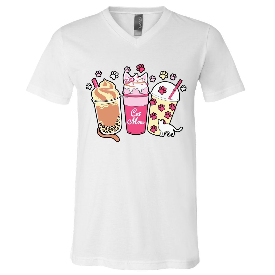 Cat Mom Paw Frappuccino Cute V-Neck T-Shirt