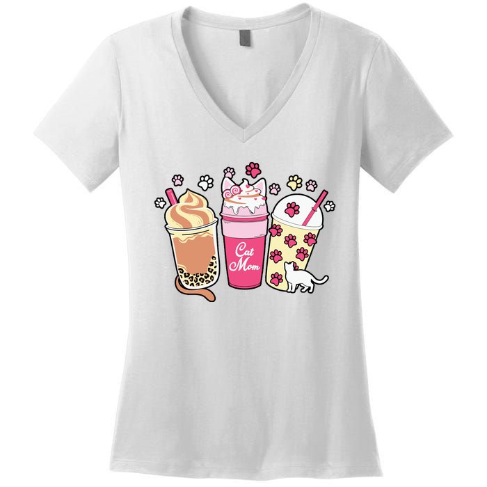 Cat Mom Paw Frappuccino Cute Women's V-Neck T-Shirt