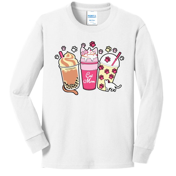 Cat Mom Paw Frappuccino Cute Kids Long Sleeve Shirt