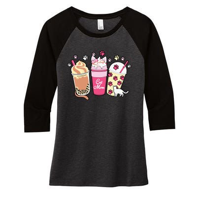 Cat Mom Paw Frappuccino Cute Women's Tri-Blend 3/4-Sleeve Raglan Shirt