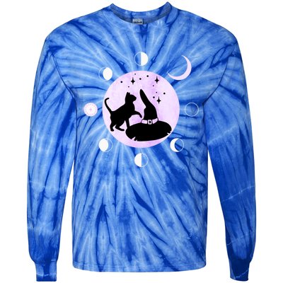 Cat Moon Phases Cute Gift Black Cat Moon Gift Witch Great Gift Tie-Dye Long Sleeve Shirt