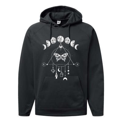 Celestial Moon Phase Moth Crystals Stars Vintage Design Performance Fleece Hoodie