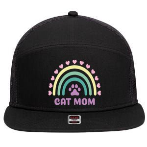 Cat Mom Rainbow Heart 7 Panel Mesh Trucker Snapback Hat