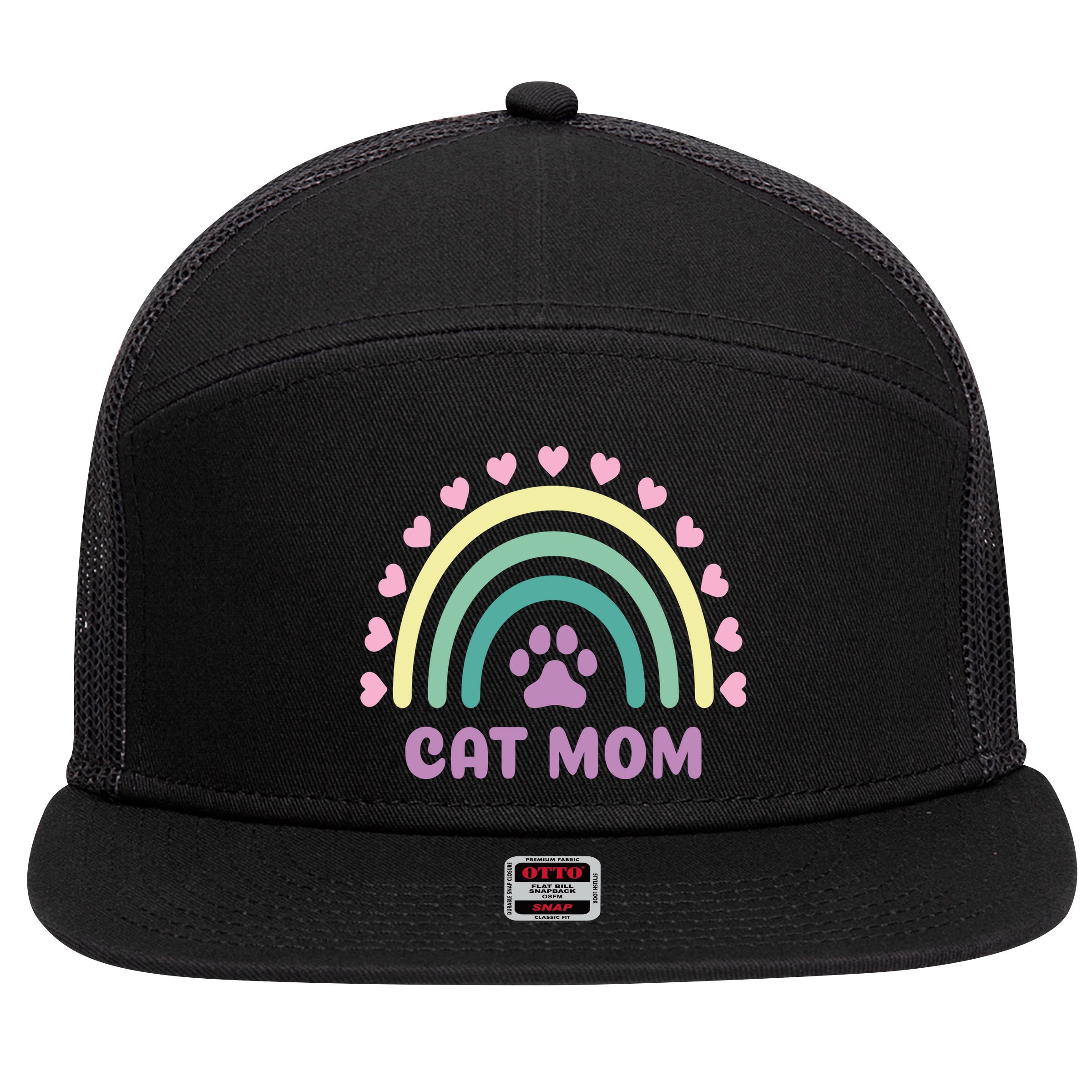 Cat Mom Rainbow Heart 7 Panel Mesh Trucker Snapback Hat