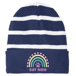 Cat Mom Rainbow Heart Striped Beanie with Solid Band