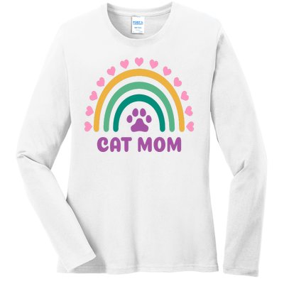 Cat Mom Rainbow Heart Ladies Long Sleeve Shirt