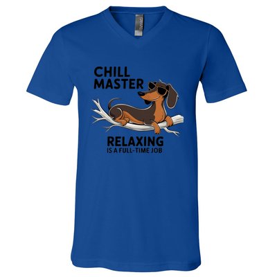 Chill Master Relaxing Is A Fulltime Job Funny Dachshund Cool Gift V-Neck T-Shirt