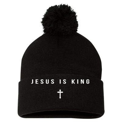 Christian Minimalist Religious Christ Jesus Is King Cross Pom Pom 12in Knit Beanie