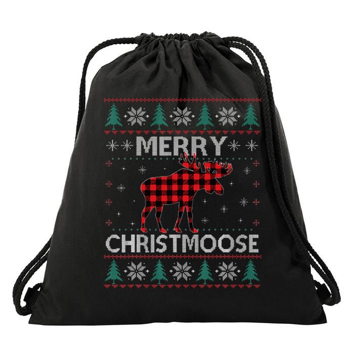 Christmas Moose Red Plaid Ugly Sweater Drawstring Bag