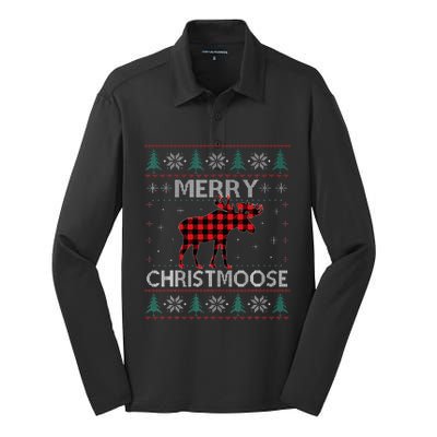 Christmas Moose Red Plaid Ugly Sweater Silk Touch Performance Long Sleeve Polo