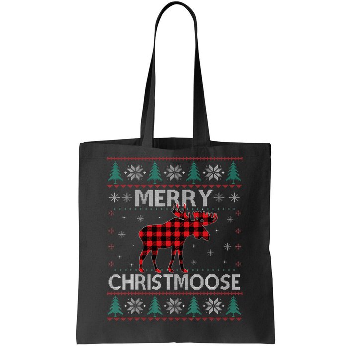 Christmas Moose Red Plaid Ugly Sweater Tote Bag