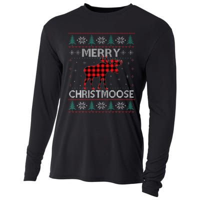 Christmas Moose Red Plaid Ugly Sweater Cooling Performance Long Sleeve Crew