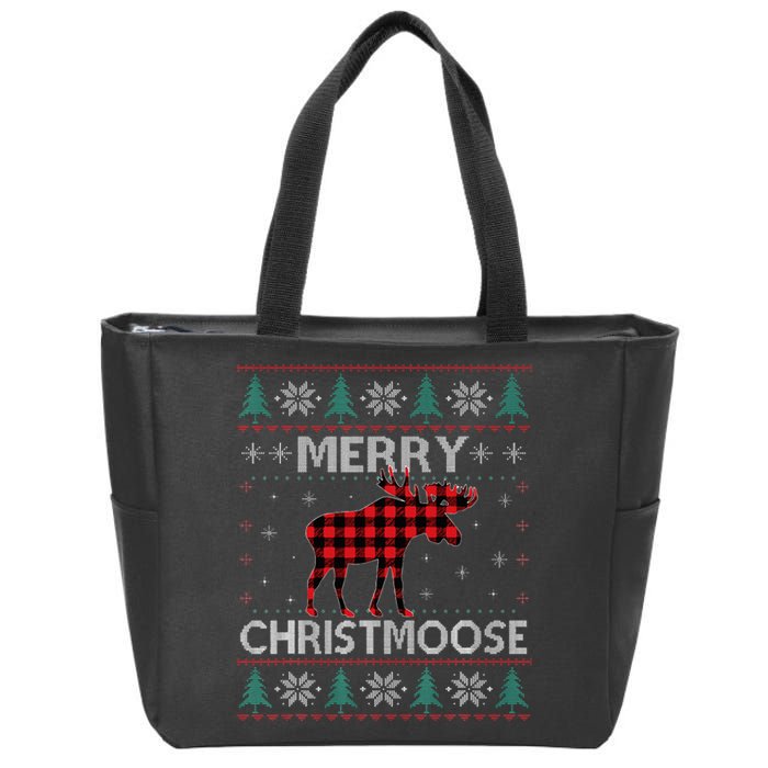 Christmas Moose Red Plaid Ugly Sweater Zip Tote Bag