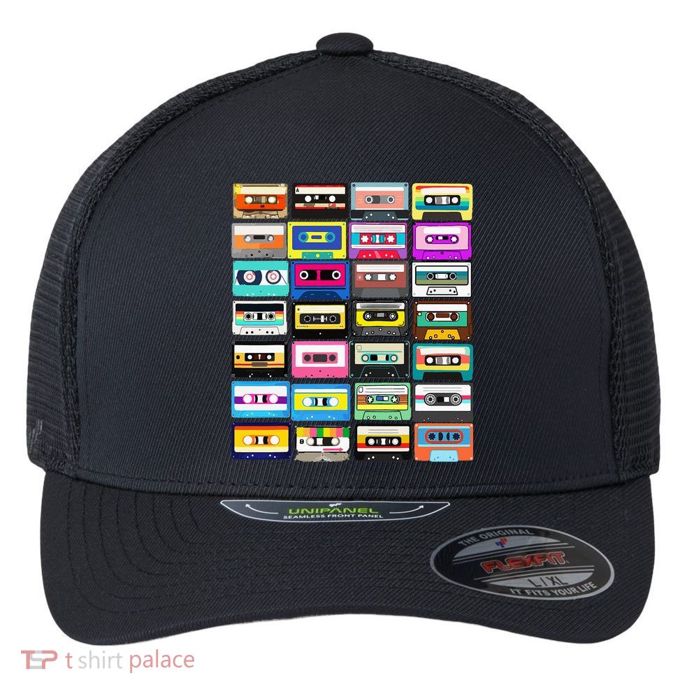 Cassette Mixtape Retro 1980s 1990s Music Vintage Graphic Flexfit Unipanel Trucker Cap