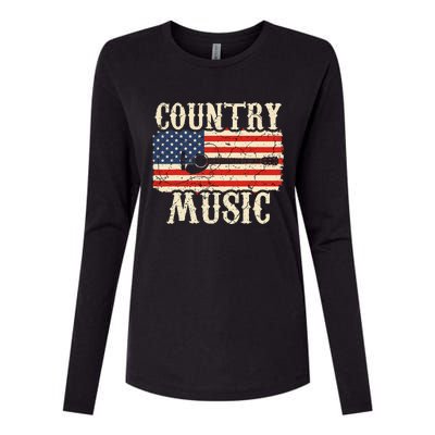 Country Music Retro Vintage Guitar American Flag Womens Cotton Relaxed Long Sleeve T-Shirt