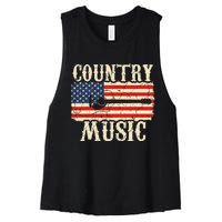 Country Music Retro Vintage Guitar American Flag Women's Racerback Cropped Tank