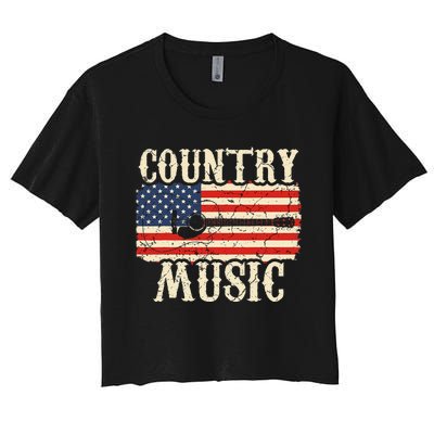 Country Music Retro Vintage Guitar American Flag Women's Crop Top Tee