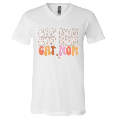 Cat Mom Retro Groovy Cats Adoption Mother's Day V-Neck T-Shirt