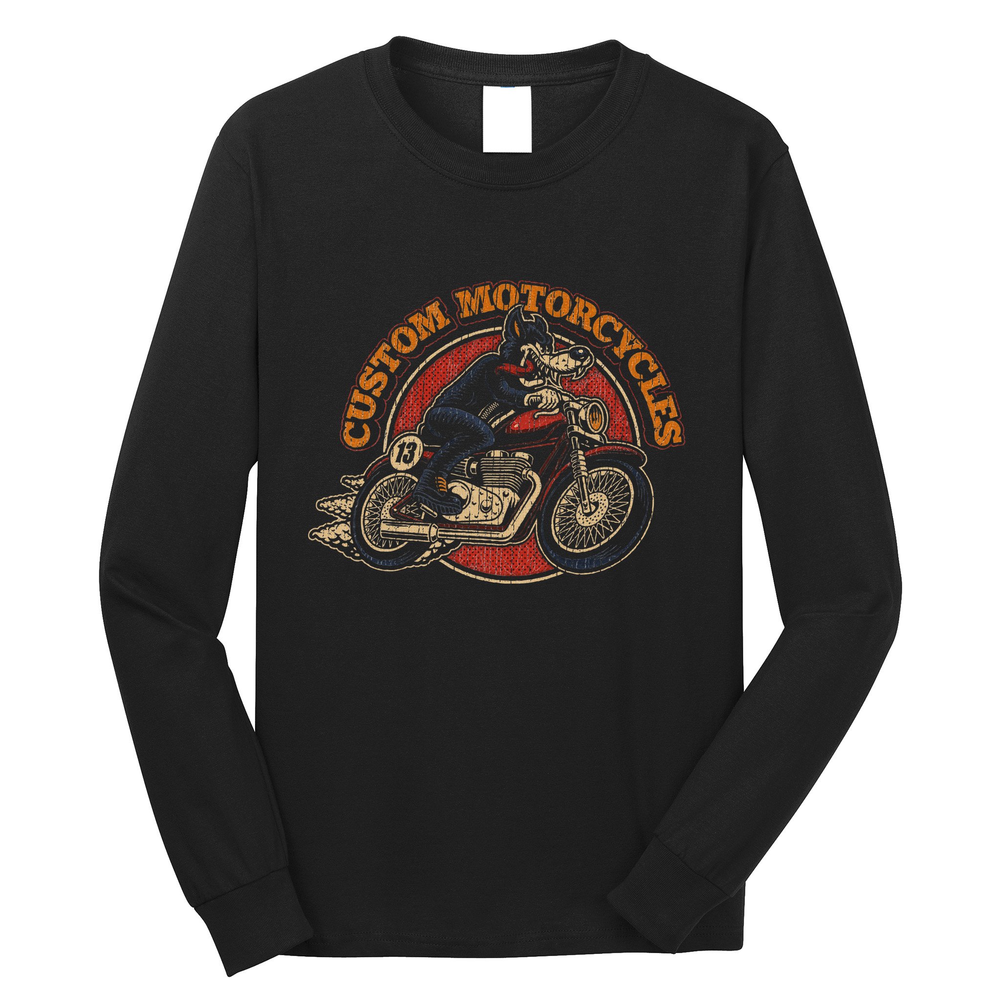 Custom Motorcycles Retro Biker Lowbrow Wolf Rockabilly 50s Long Sleeve Shirt