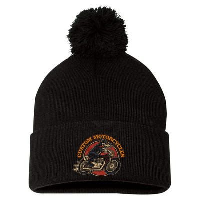 Custom Motorcycles Retro Biker Lowbrow Wolf Rockabilly 50s Pom Pom 12in Knit Beanie