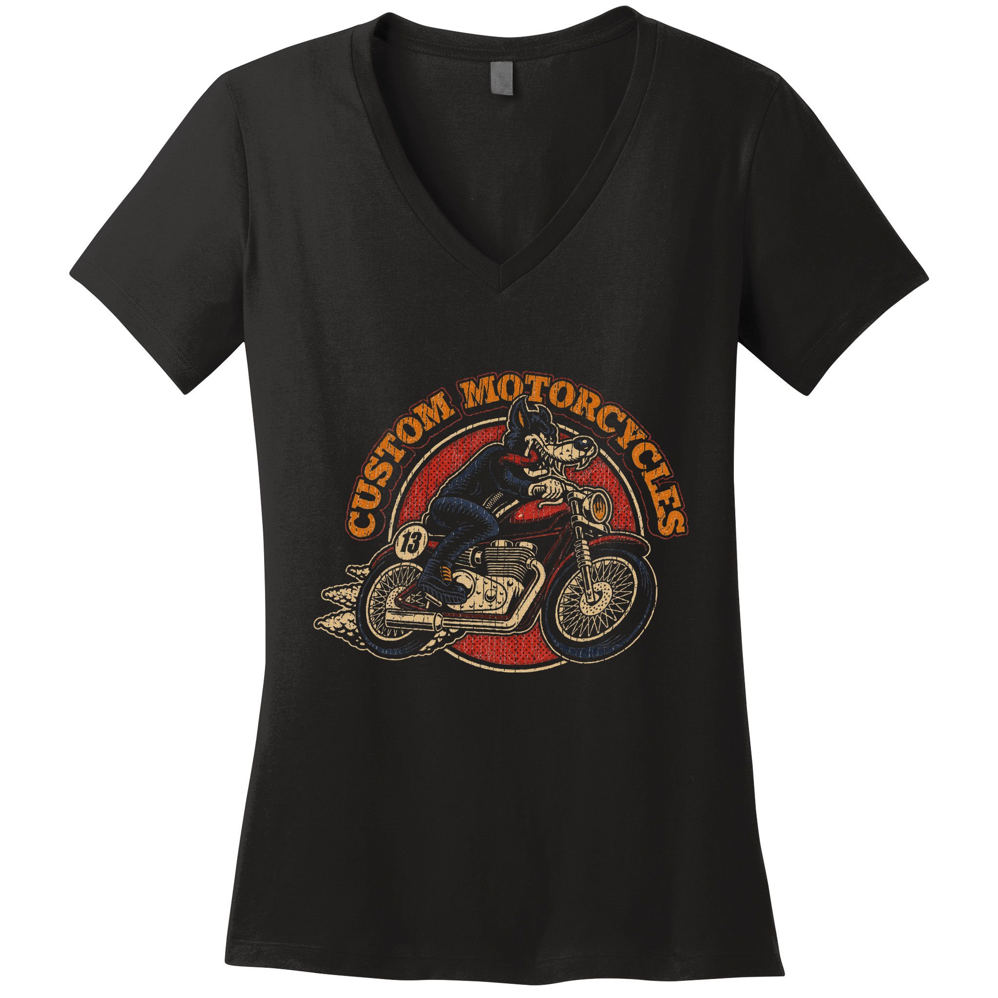 Custom Motorcycles Retro Biker Lowbrow Wolf Rockabilly 50s Women's V-Neck T-Shirt