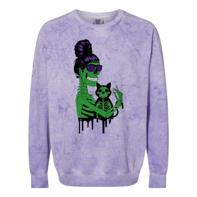 Cat Momster Skeleton Halloween Funny Cat Mom Messy Bun Hair Gift Colorblast Crewneck Sweatshirt