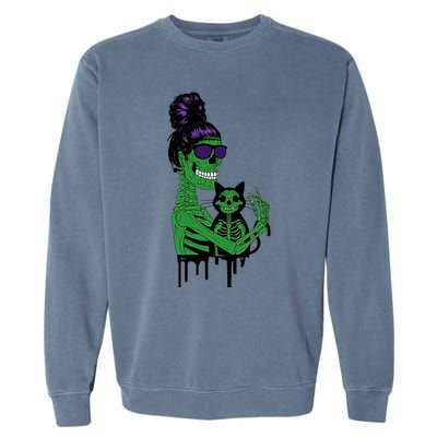 Cat Momster Skeleton Halloween Funny Cat Mom Messy Bun Hair Gift Garment-Dyed Sweatshirt