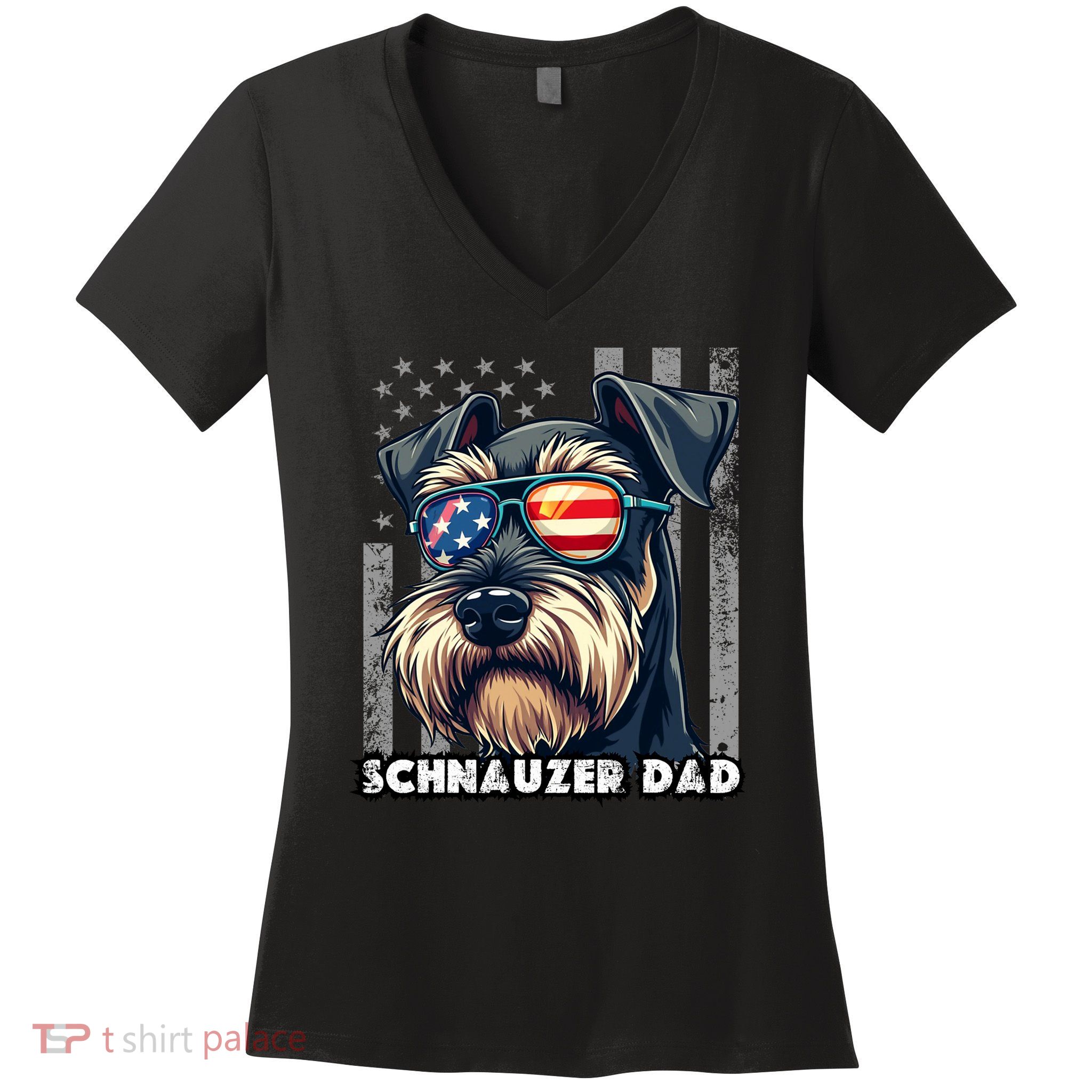 Cute Mini Schnauzer Dad Dog Fathers Day Usa Flag 4th Of July Women's V-Neck T-Shirt